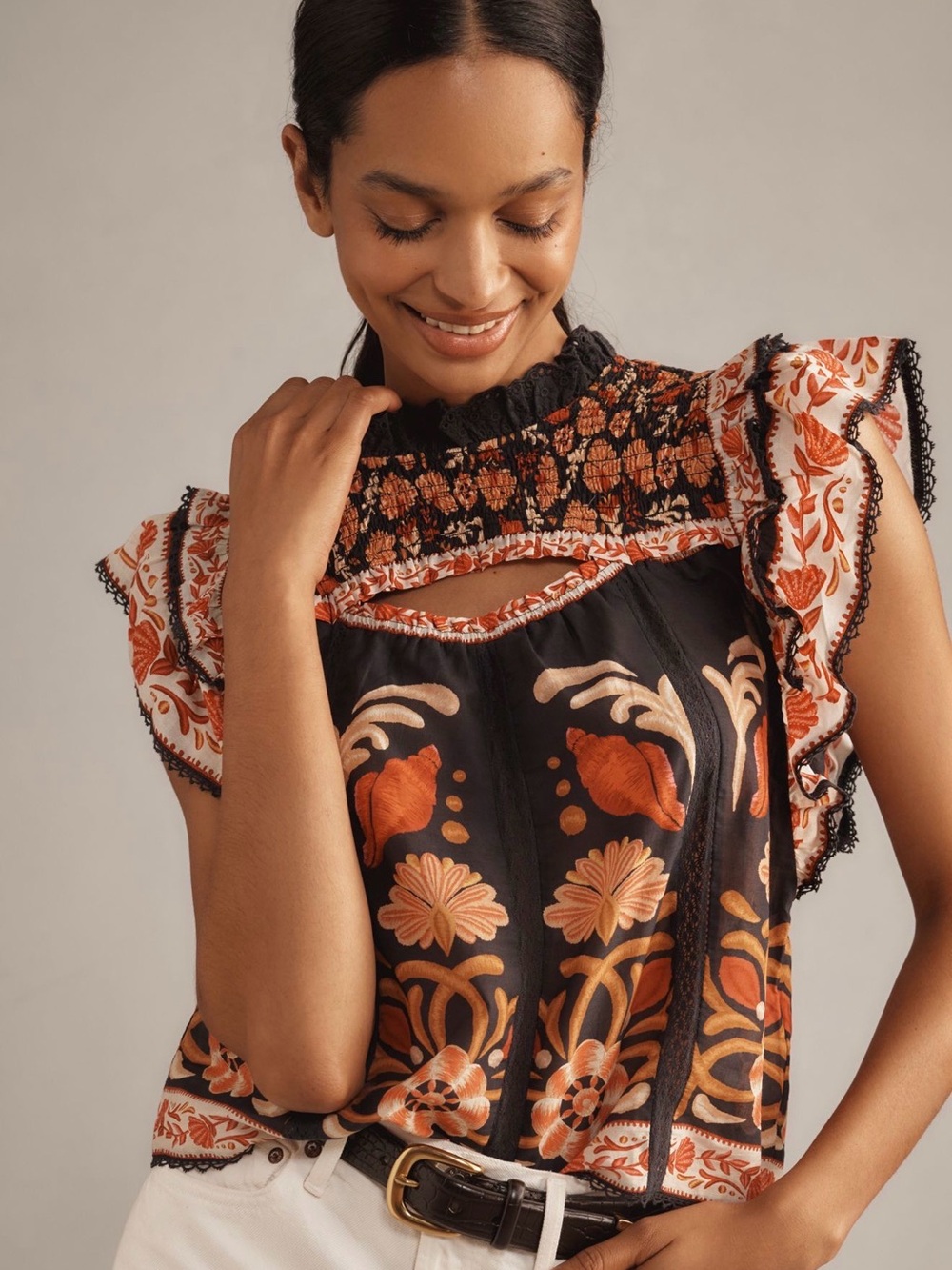 FARM Rio Black Floral Smocked Ruffle Sleeve Top with Orange Accents